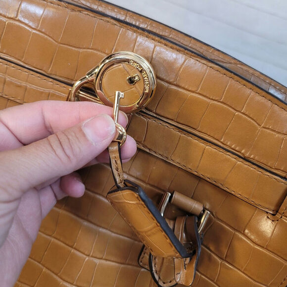 Michael Kors Hamilton Embossed-Leather Satchel in Acorn - Picture 6 of 16